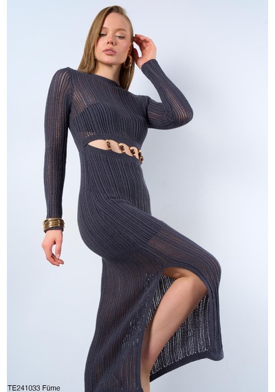 Butik Belvita Yırtmaçlı Göbeyi Boncuklu Triko Elbise Füme Butik Belvita Yırtmaçlı Göbeyi Boncuklu Triko Elbise Füme