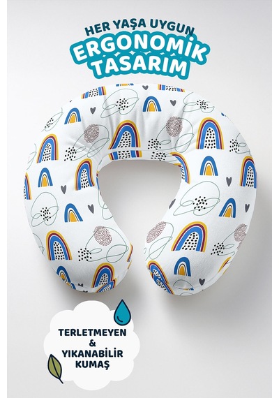 Renkli Gökkuşağı Desenli Ergonomik Boyun Yastığı - Modern Çizgi Detaylı Beyaz Seyahat Yastığı Pastel Kumlu Erik