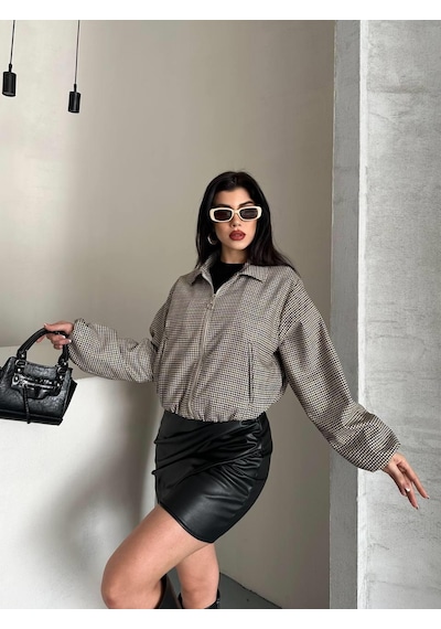 Ribana Classic Kadın Astarlı Uzun Kollu Çift Cepli Pıtıkareli Fermuarlı Kısa Bej Mont 4971 Bej