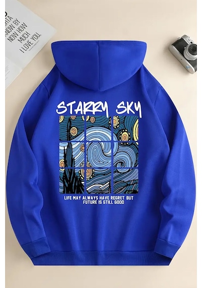 Uyguntarz Starry Sky Baskılı Unisex Oversize Sweatshirt Mavi