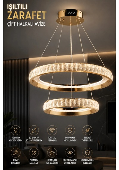 Modern Premium Gold Ledli Avize 2 Halkalı Sarkıt Avize Salon Yemek Odası Avizesi 50w