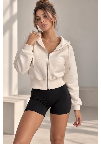 Bb Butik Basic Kapüşonlu Fermuarlı Kısa Kadın Sweatshirt Günlük Basic Model My3535 Ekru