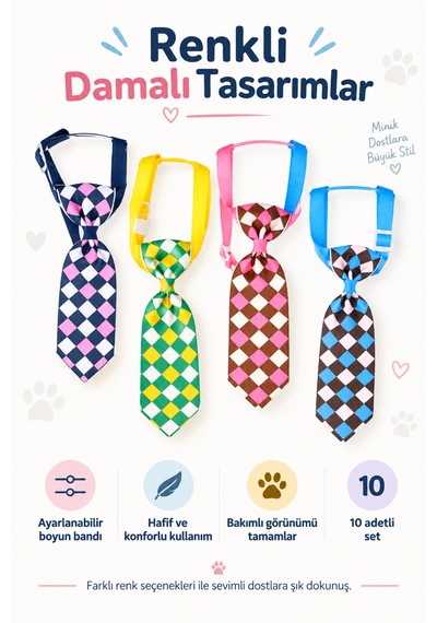 Showtech Kedi Ve Köpek Damalı Desenli Kravat Boyun Aksesuarı 10'lu Paket
