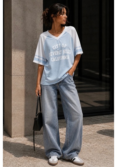 Bbbutikbasic Baskılı Oversize V Yaka Salaş Tişört My3535 Mavi