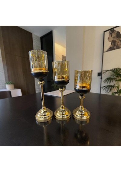 Noir Gold Şamdan Mumluk Seti Siyah & Altın Modern 3 Lü Lüks Masa Üstü Dekoratif Aksesuar Altın