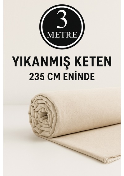 3 Metre Yıkanmış Ham Naturel Keten Kumaş - 235 Cm En - Organik - Doğal - Punch - Döşemelik Kumaş Bej