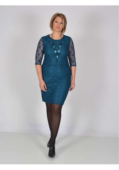 Nidya Moda Büyük Beden Midi Kol Elbise-4009Bdp Petrol