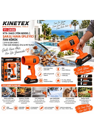 Fön Model Şarjlı Hava Üfleyici Fan Körük 21v - 220-240v Toz-kar-mangal Üfle - Pet Kurut Üfleme Ktx-3463 4801