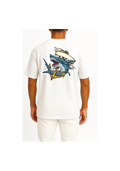 Bahriyeli Collection Oversize Köpekbalığı Ve Çapa Göğüs Ve Sırt Baskılı Unisex T-shirt Beyaz
