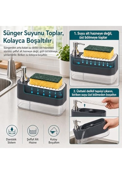 Sünger Hazneli Basmalı İkisi Bir Arada Otomatik Tezgah Üstü El Ve Bulaşık Yıkama Düzenleyici Organizer Banyo Ve Mutfak İçin Duo Sıvı Sabunluk Antrasit 12 Izgara