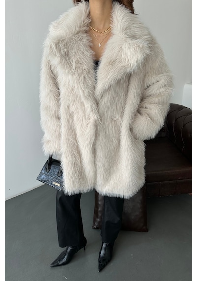 Myloore Kadın Bej Oversize Premium Kürk Kaban Mlb106