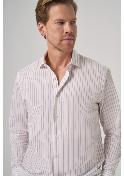 Morven Erkek Bej Pamuk Trend Çizgili Slim Fit Yarım İtalyan Yaka Gömlek 26mc004029653 Bej