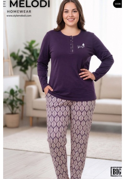 Melodi 17159 Uzun Kol %100 Pamuk Battal Büyük Beden Kadın Pijama Takımı Mor