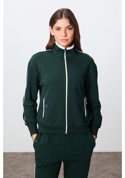 Tommy Life Çam Yeşili Kompakt Pamuklu Kalın Pürüzsüz Dokulu Dik Yaka Oversize Fit Kadın Eşofman Takım - 95340 Yeşil