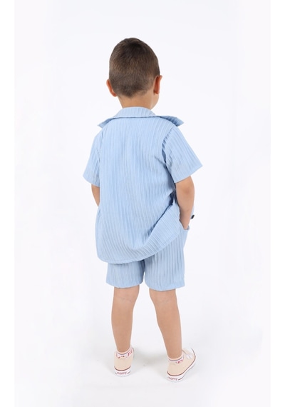 Aden Kids Erkek Çocuk Gömlek+sweatshirt Ve Cepli Şort Alt Üst Takım --ütü İstemez-- Mavi
