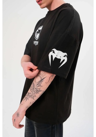 Erkek Kısa Kol Tişört Göğüs Ve Kol Bisiklet Yaka Baskılı T-shirt - Siyah