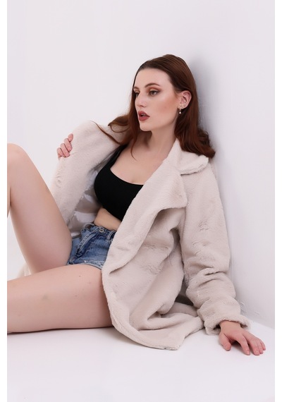Winmoda34 Kadın İçi Astarlı Peluş Kaban Taş