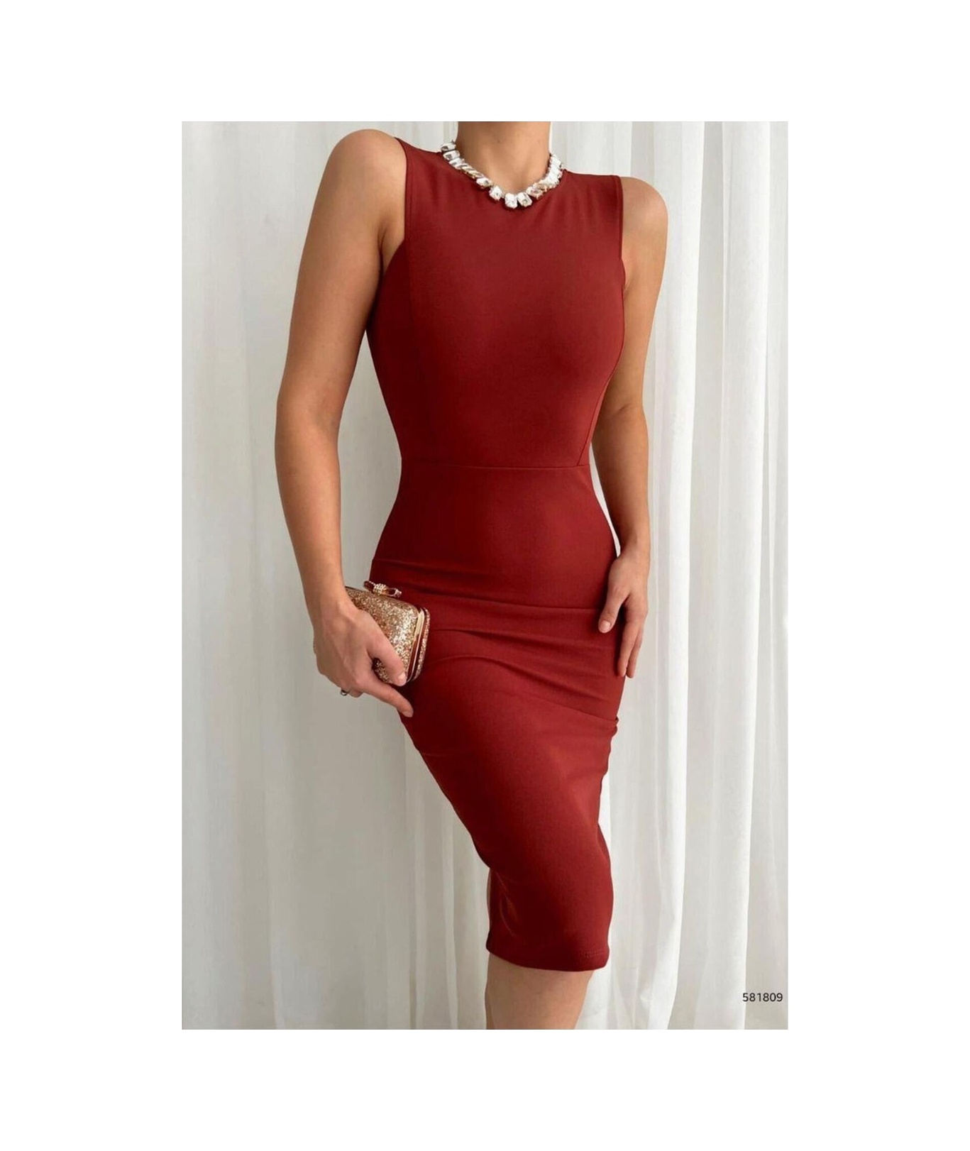 Store Saten Yırtmaçlı Yaka Elbise Kare Kumaş Abiye Çok Renkli - 935901678 Çok Renkli