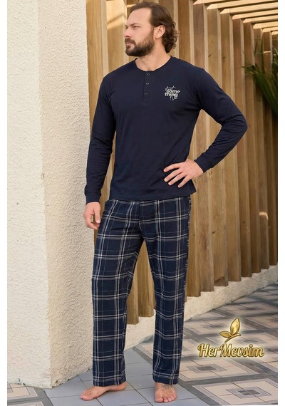 Hermevsim Aydoğan Erkek Pijama Takımı %100 Pamuk Süprem Patlı Yaka Uzun Kol Lacivert Tuna 260538