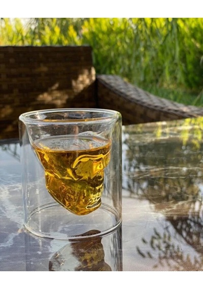 Kafatası Tasarımlı Cam Shot Bardağı Double Layer Skull Shot Glass Şeffaf Cam Şefaf