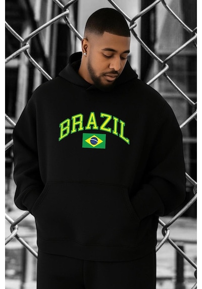 Benroma 3 İplik Penye Brazil Baskılı Büyük Beden Sweatshırt Siyah