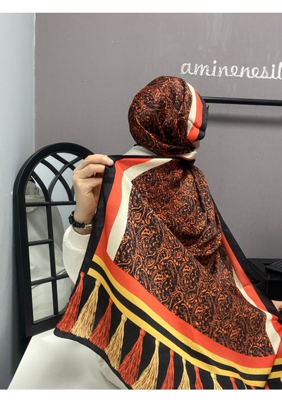 Aminenesil Cardion Premium Etnik Desen Şal Turuncu Siyah Renk Açık turuncu