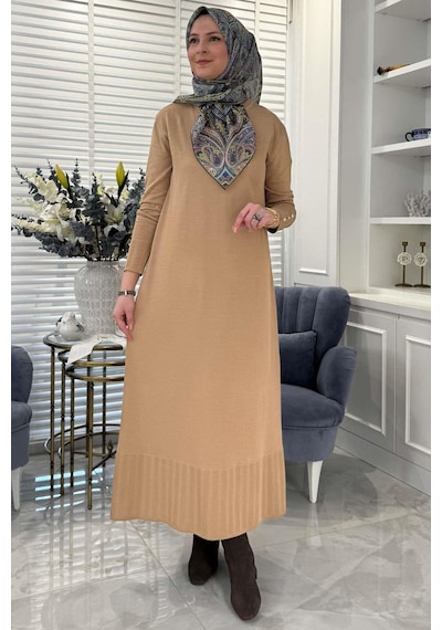 Rabia Şamlı İsra Triko Elbise Bej Normal