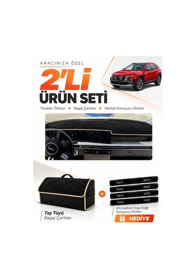 Hyundai Tucson 2024+ Sonrası Uyumlu Torpido Örtüsü + Tay Tüyü Bagaj Çantası + Sticker - Siyah Bej
