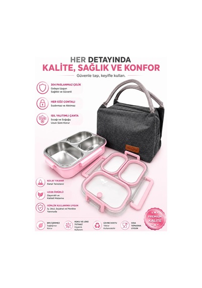 Valkyrie 304 Paslanmaz Çelik 3 Bölmeli Pembe Lunch Box Termal Çantalı Sızdırmaz Kapaklı Beslenme Kabı,