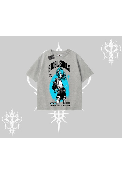 Tarzsokak Oversize Tshirt Anime Cyberpunk Kız Baskılı Gri