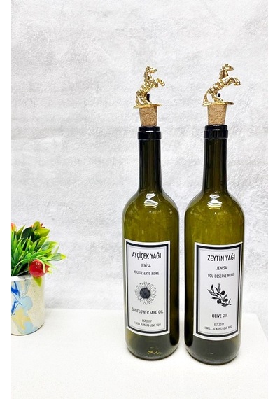 At Figürlü Mantar Tıpalı 2 Adet Yeşil 750 Ml Şişe Cam Yağlık Yağd