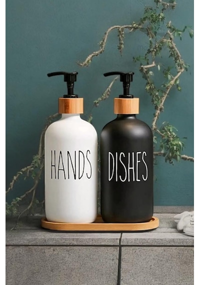 2 Li Hands Dishes Siyah Beyaz Dekoratif Mutfak Banyo Sıvı Cam Sabunluk Seti 500ml Bambu Stantlı Set Beyaz-siyah