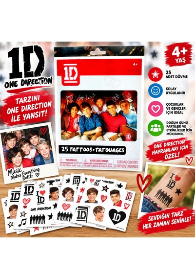 One Direction Dövme Seti 25 Adet Geçici Çocuk Dövmesi Eğlenceli Tattoo Seti 4+ Yaş