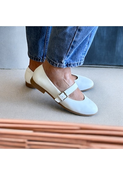 Ne&ve Shoes Beyaz Deri Tek Bantlı Yuvarlak Burun Kadın Babet