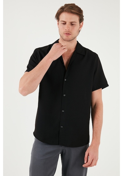 Buratti Keten Görünümlü Kısa Kollu Apaş Yaka Regular Fit Erkek Gömlek Cf23S116775 Siyah