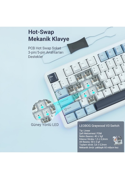 Aula F87 Pro Mekanik Rgb Tkl Graywood V3 Switch Kablosuz Makrolu Hot Swap Klavye Açık Mavi