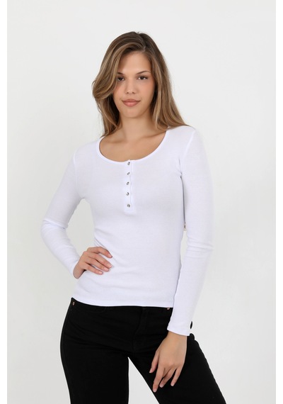 Hdm Kadın Beyaz Uzun Kollu Fitilli Patlı Düğmeli Basic Örme Bluz - H6162