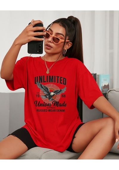 Unlimited Baskılı Oversize Beyaz T-shirt Kirmizi