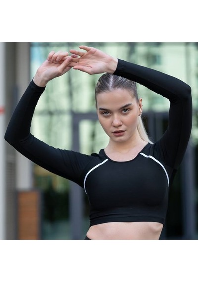 Lismina Biye Detaylı Uzun Kollu Spor Crop Tişört Siyah - Beyaz
