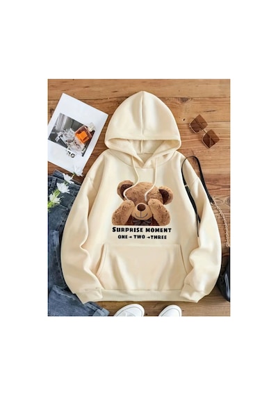 Medinenur Surprıse Baskılı Yumuşacık İçi Yünlü Sweatshirt Bej