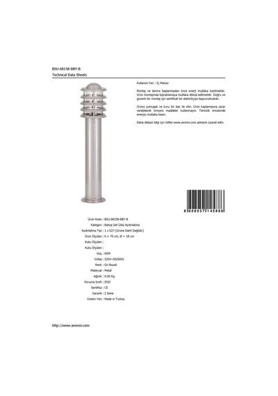 Avonnı Bsu-68158-bby-b Gri Elektrostatik Toz Boyalı Dış Mekan Aydınlatma, E27, Aluminyum, Polikarbon Sku: Smgstk958a4b30dd