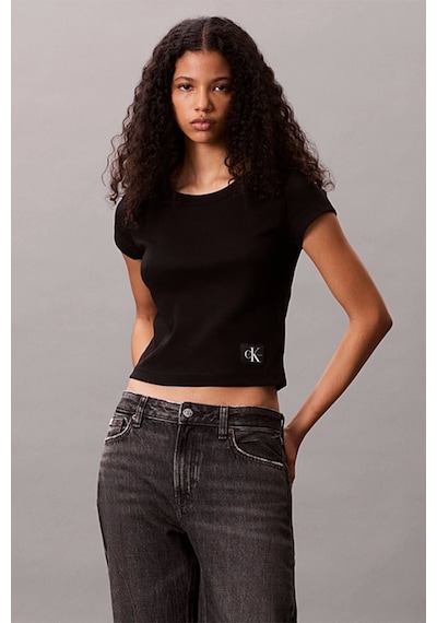 Calvin Klein Jeans Kadın Etiketli Fitilli Kısa Siyah T-shirt Lv047c200g-ub1 SIYAH