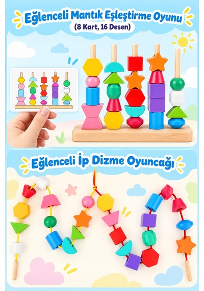 Şekil-mantık Kuleleri Ahşap Geometrik Şekiller Ve Çubuğa Dizme Eğitim Seti