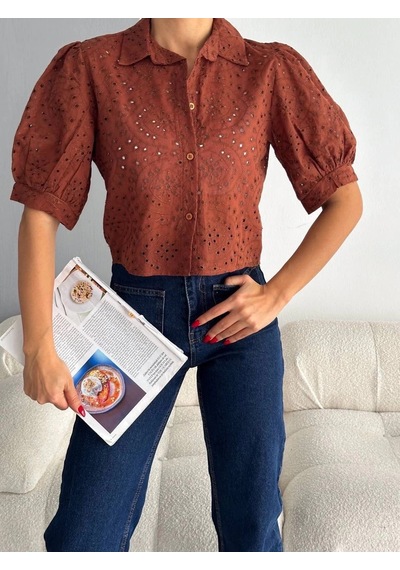 Defymoda Brodeli Crop Gömlek S1023 Kahve