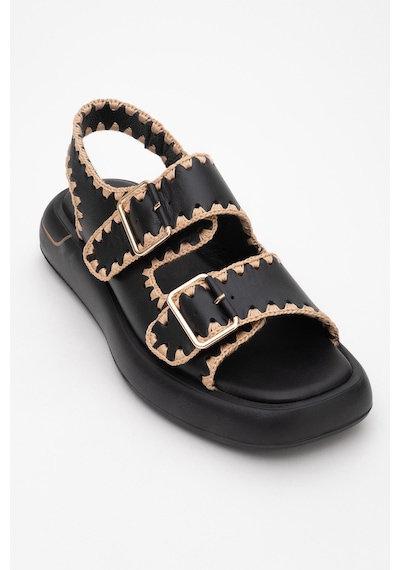 Luvishoes Douro Siyah Cilt Hakiki Deri İp Örme Detaylı Kadın Sandalet Siyah
