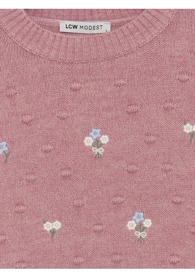Lcw Modest Pembe Bisiklet Yaka Çiçek Nakışlı Kadın Triko Tunik