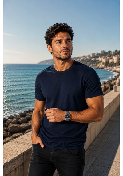 Luxıc Core Erkek Slim Fit Lacivert Bisiklet Yaka Pamuk Penye Günlük Rahat Basic Tişört