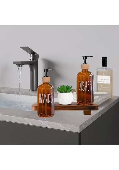 Cam Dispenser Seti 2 Li Amber Şişe Hands & Dishes Etiketli , Bambu Kapaklı, Sıvı Sabun & Deterjan Pompası 12 Izgara