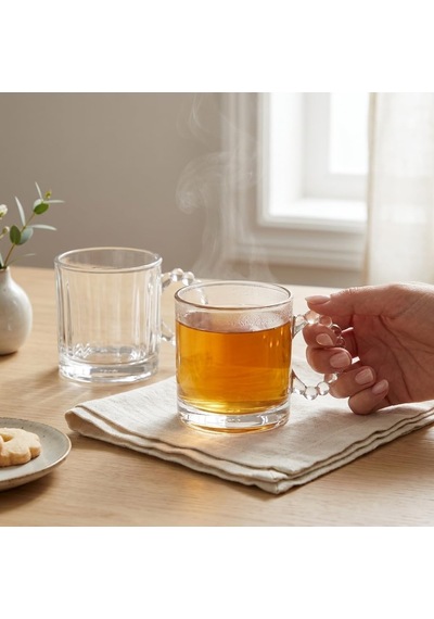 Melorine 2 Li Boncuk Kulplu Cam Kupa Seti, 325 Ml Şeffaf Cam Çay Kahve Bardağı, Dekoratif Yuvarlak Boncuk Saplı Latte Bitki Çayı Meşrubat Sunum Kupası Beyaz - Çok Renkli