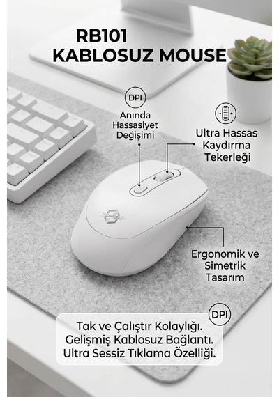 Profosyonel Bluetooth Şarj Edilebilir Kablosuz Ve Çift Mod Sessiz Mouse 800 - 1200 - 1400 Dpı Rb101